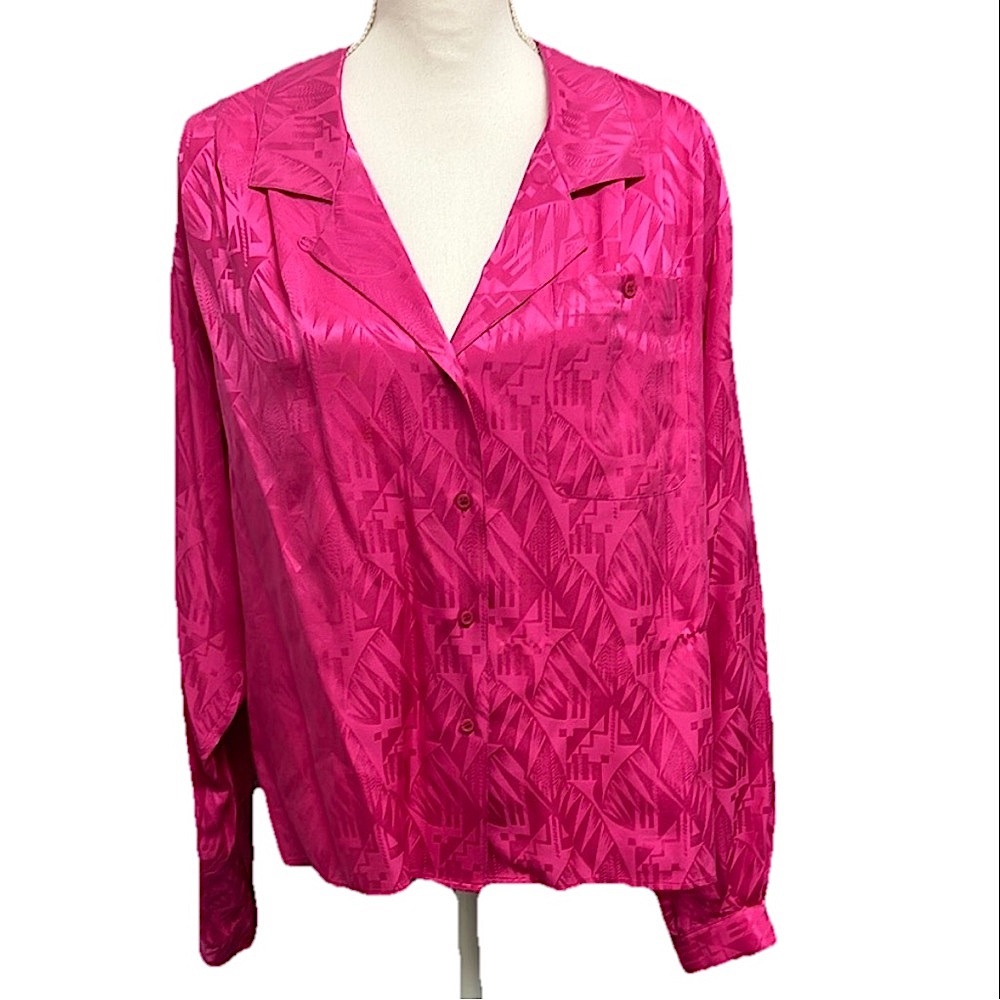 IMPRESSIONS 100% SILK Womens Hot‎ Pink Long Sleeve Button Up Boho Aztec Size 10